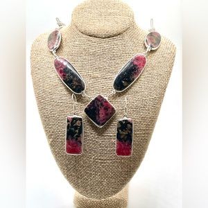 Beautiful Deep Dark Red Rhodonite Necklace & Earrings Set